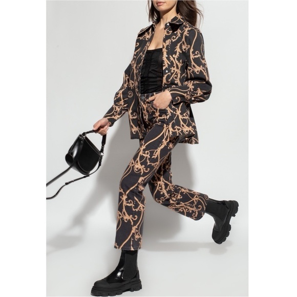 GANNI 90s Baroque Logo Print Denim High Rise Cropped Bootcut Flare Leg Jeans 26 - Picture 6 of 16